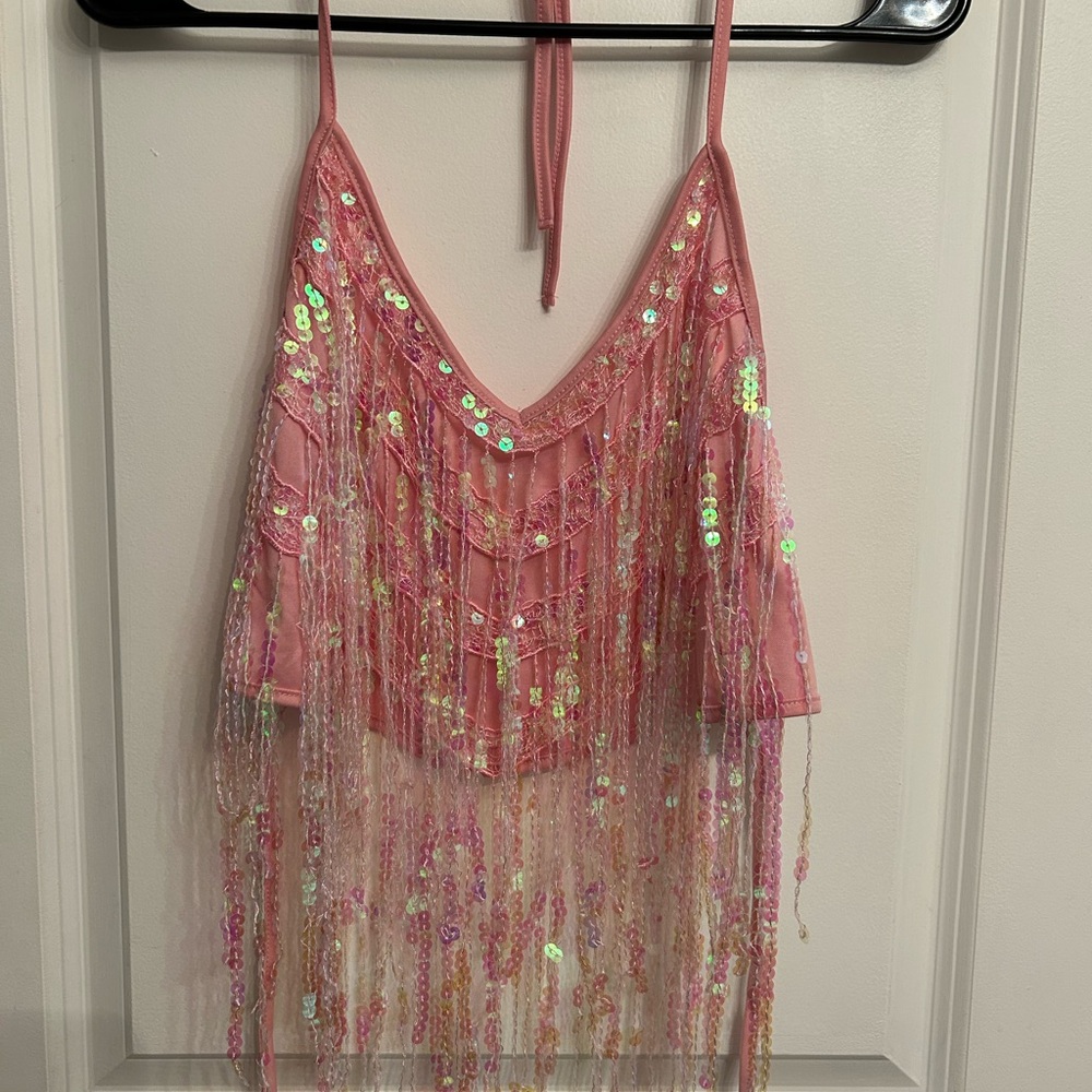 iHeartRaves Pink Sequin Fringe Top